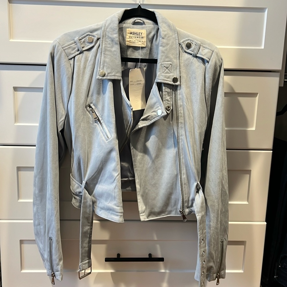 New with tags!! Grayish blue moto jacket in a faux  suede material.